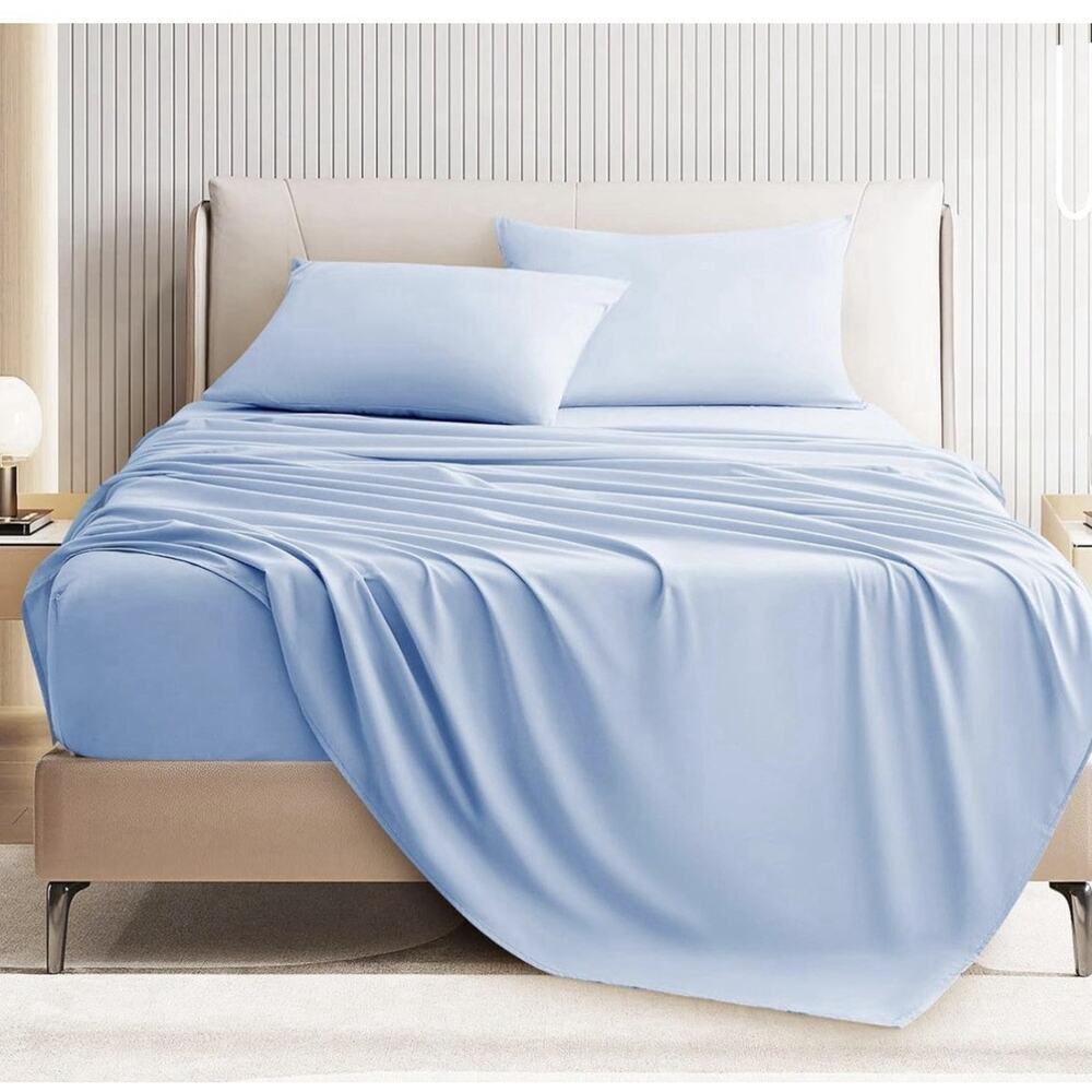 Queen Size 4 Piece Sheet Set Cooling Bed Sheets Deep Pockets Light Blue
